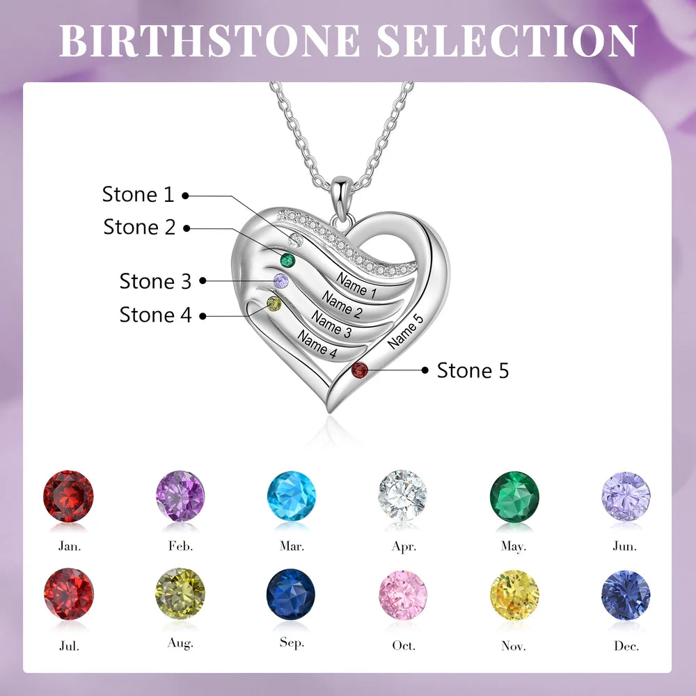 Heart Personalised Necklace, Name Engraved Necklace with 2-5 Children's Birthstones, Personalised Jewellery for Mum