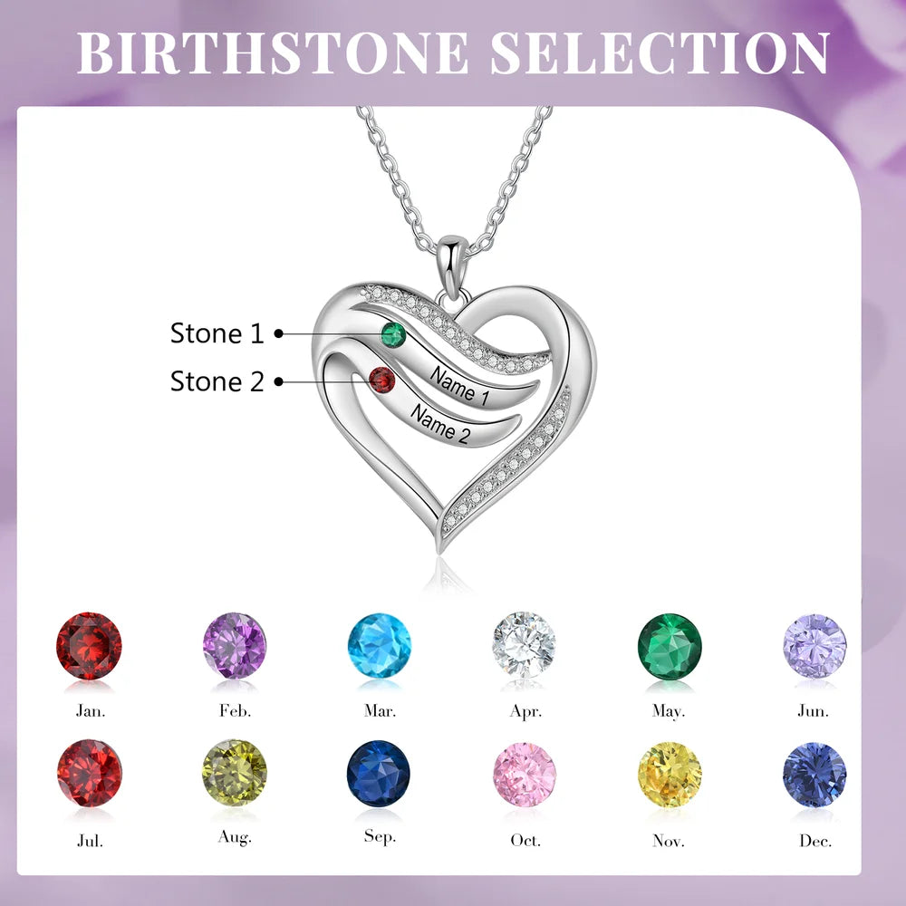 Heart Personalised Necklace, Name Engraved Necklace with 2-5 Children's Birthstones, Personalised Jewellery for Mum