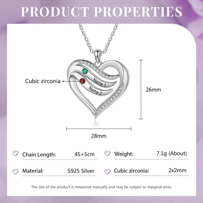 Heart Personalised Necklace, Name Engraved Necklace with 2-5 Children's Birthstones, Personalised Jewellery for Mum