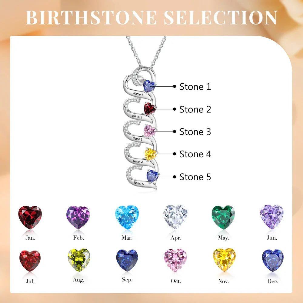 Personalised Necklace 2-5 Heart Charms, Engraved Names Necklace, Customised Birthstone Necklace