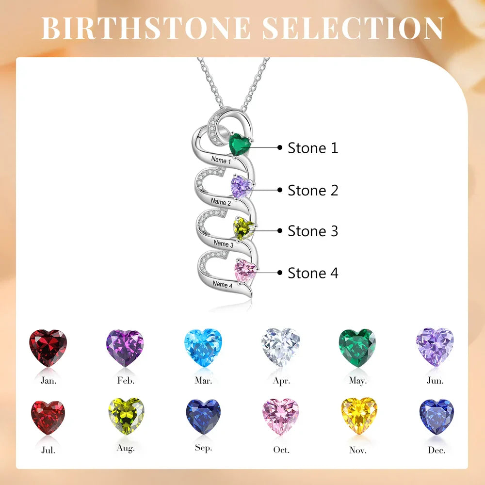 Personalised Necklace 2-5 Heart Charms, Engraved Names Necklace, Customised Birthstone Necklace