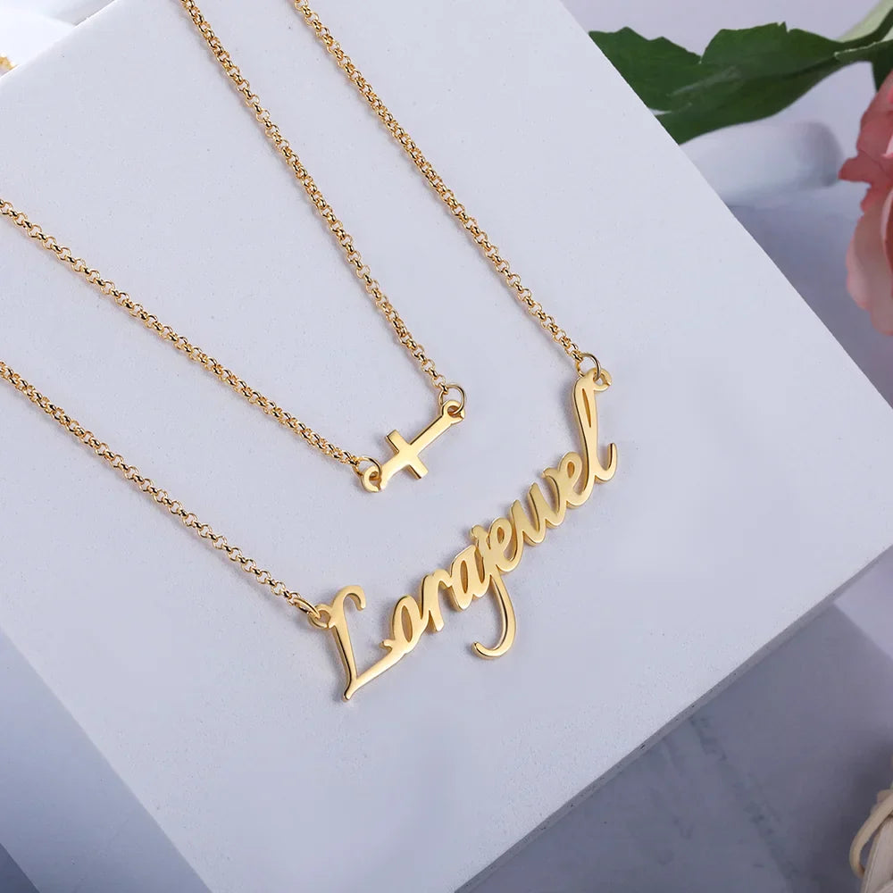 Personalised Two Layer Cross Charm Name Necklace, Personalised Name Jewellery for Women, Custom Name Necklace