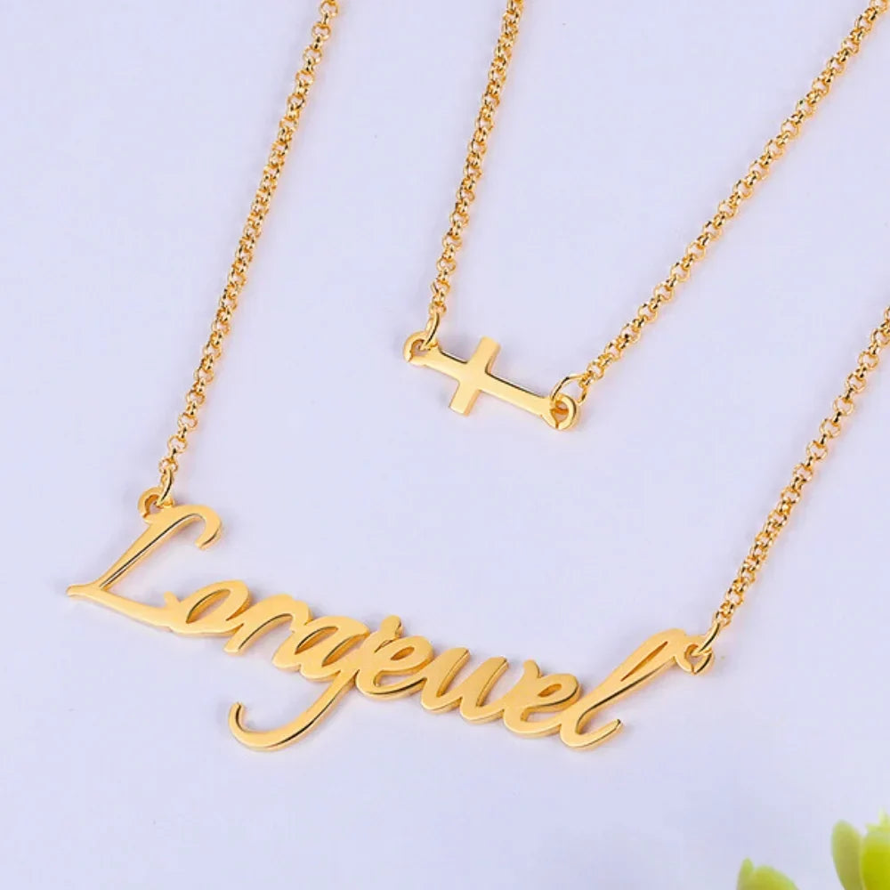 Personalised Two Layer Cross Charm Name Necklace, Personalised Name Jewellery for Women, Custom Name Necklace