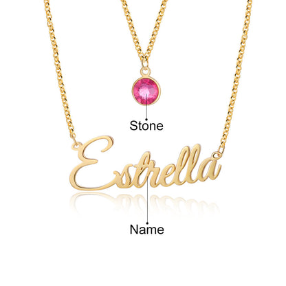 Personalised Two Layer Birthstone Name Necklace, Personalised Name Jewellery for Women, Sterling Silver Name Necklace