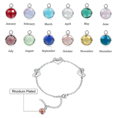 Personalized 3 Hearts Engraved Name Bracelet with Birthstone