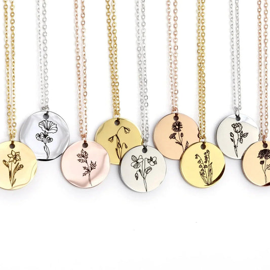 Personalized Engraved Birth Flower Charm Necklace