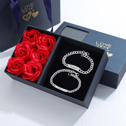 Personalized Engraved Couple Bracelet - W/Rose Box