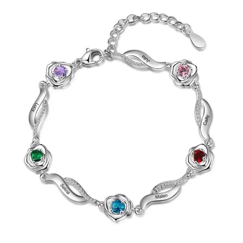 Personalized Flower Charm Birthstone Bracelet | Engraved Name Bracelet