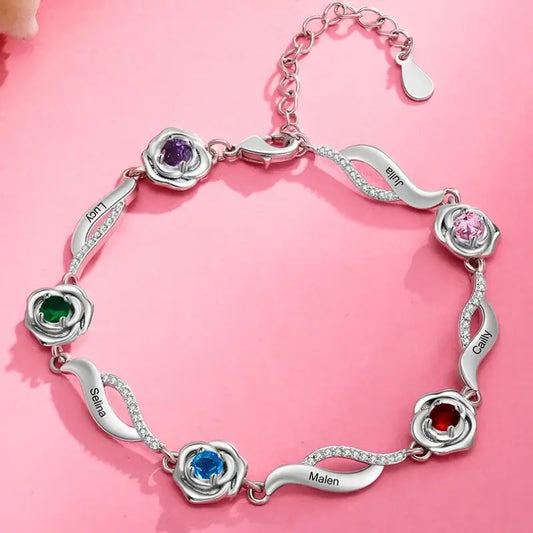 Personalized Flower Charm Birthstone Bracelet | Engraved Name Bracelet