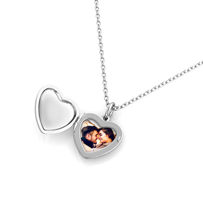 Heart Photo Locket Necklace with Picture Inside - Silver