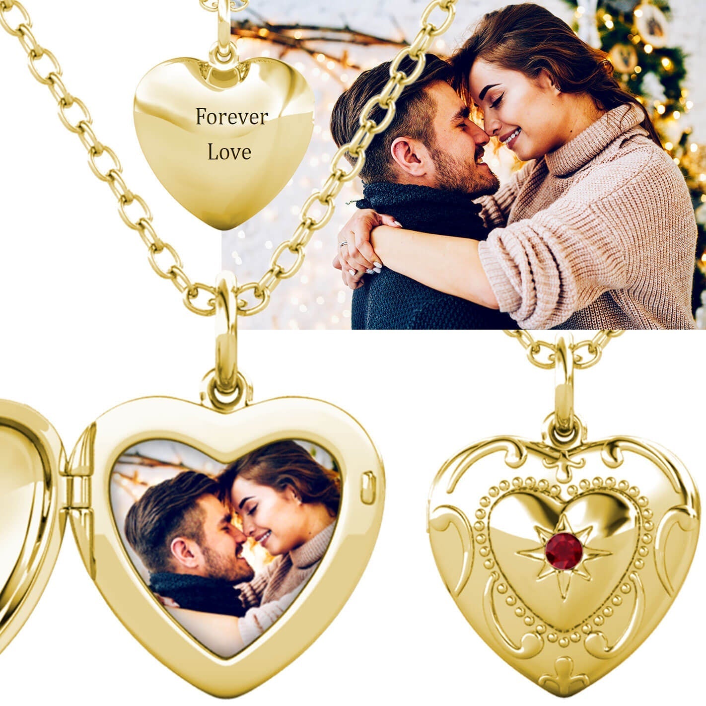 Heart Photo Locket Necklace with Picture Inside - Gold