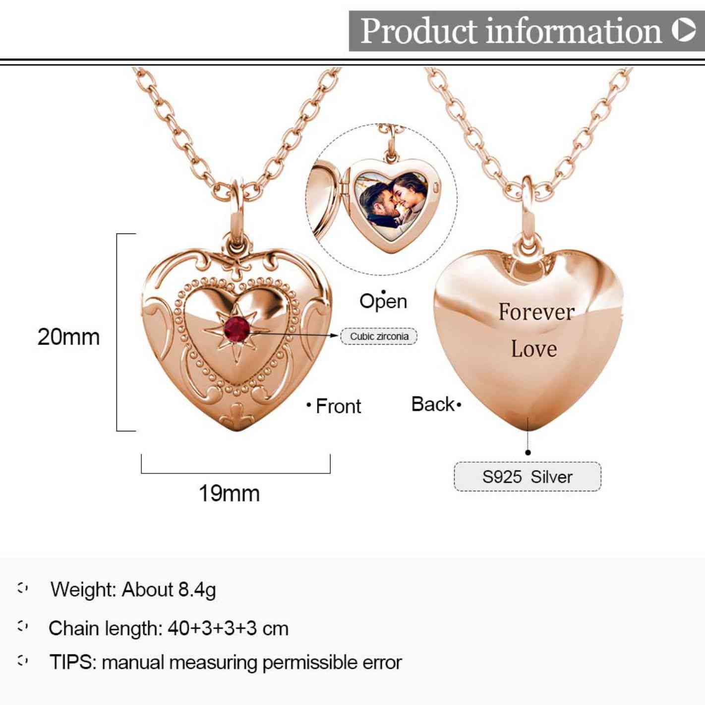 Heart Photo Locket Necklace with Picture Inside - Rose Gold