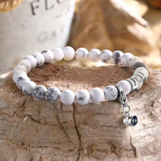 Photo Projection Magnesite Stone Bracelet with Picture Inside - Engraved Beads Bracelet