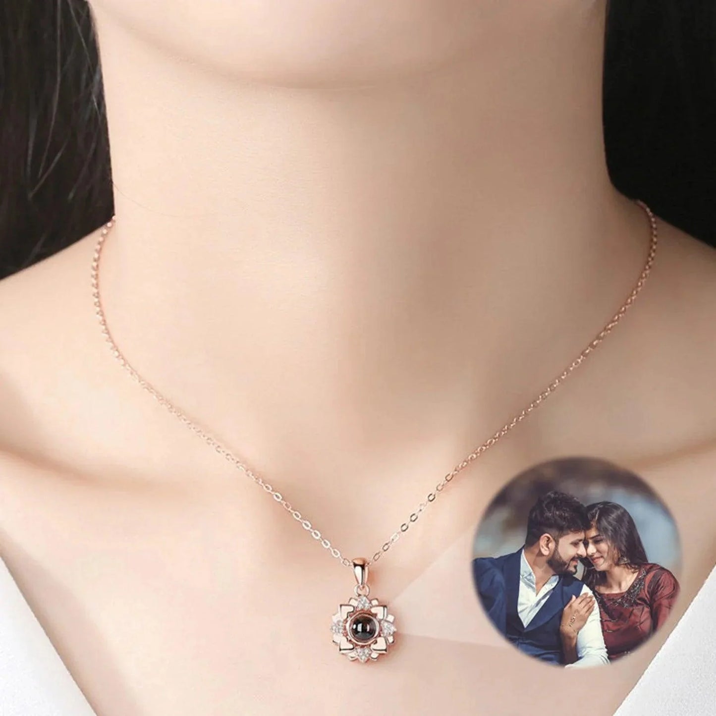 Photo Projection Necklace Flower Sterling Silver Rose Gold Pendant