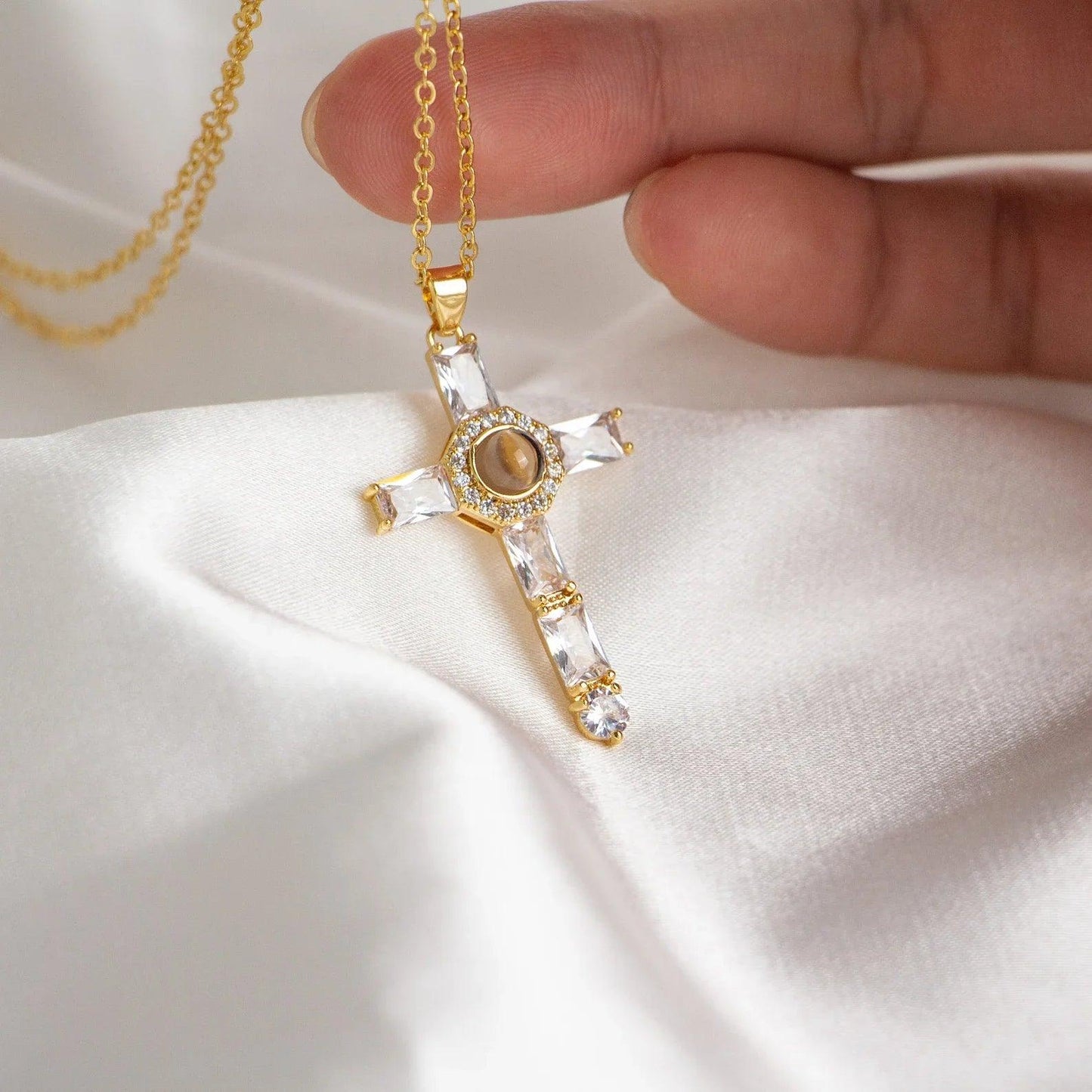 Photo Projection Necklace With Cross Pendant