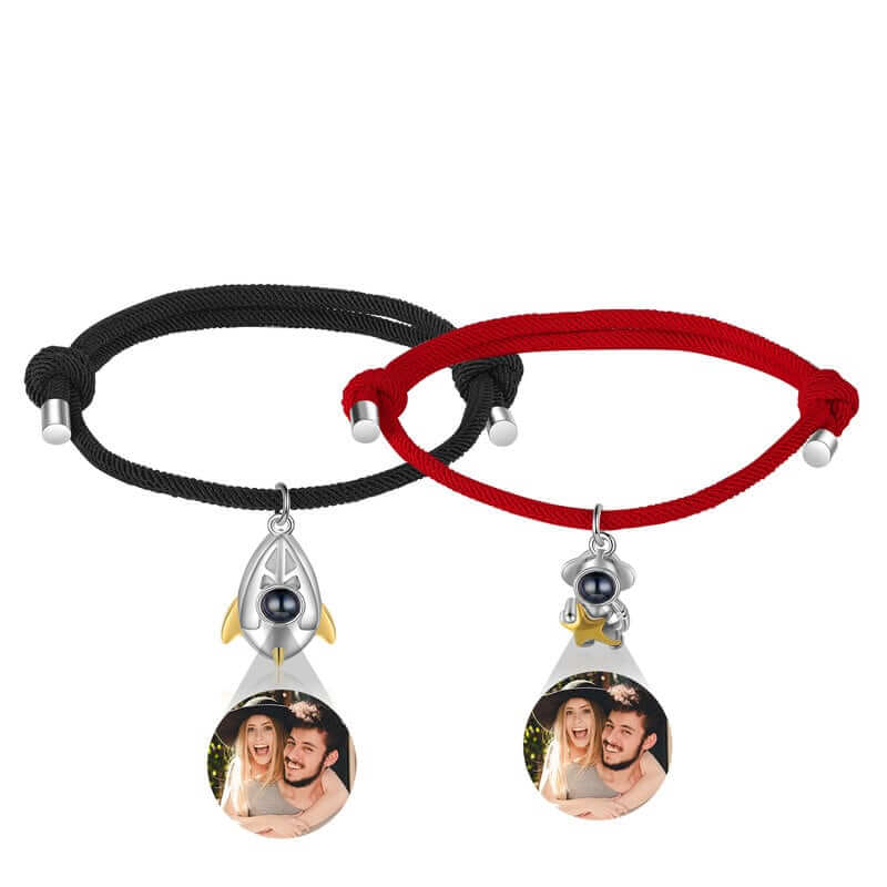 Photo Projection Rocket and Astronaut Couple Bracelet with Picture Inside