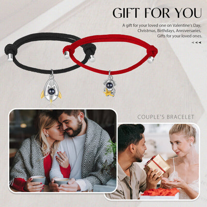 Photo Projection Rocket and Astronaut Couple Bracelet with Picture Inside