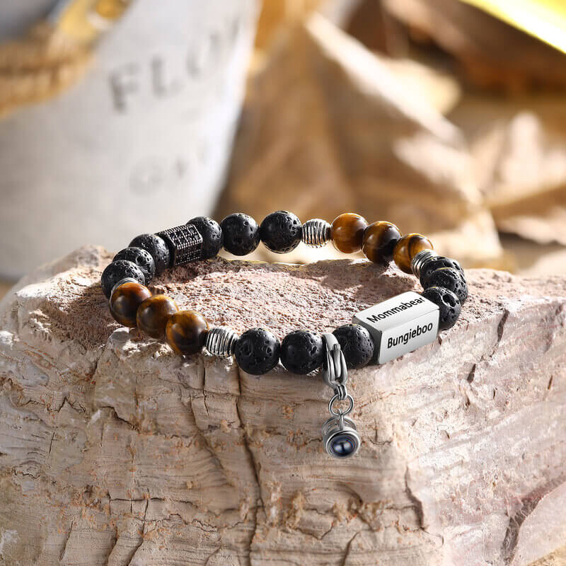 Photo Projection Tiger Eye Bracelet with Picture Inside - Engraved Bar Bracelet