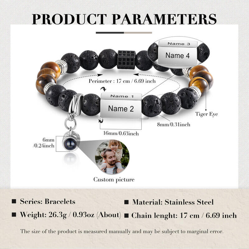 Photo Projection Tiger Eye Bracelet with Picture Inside - Engraved Bar Bracelet