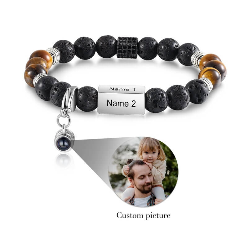 Photo Projection Tiger Eye Bracelet with Picture Inside - Engraved Bar Bracelet