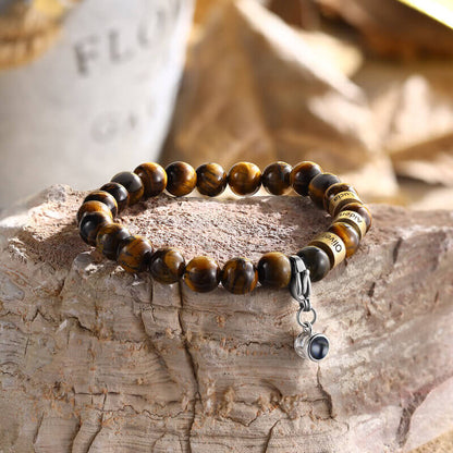 Bracelet with Picture Inside - Photo Projection Tiger Eye Bracelet with Engraved Name Beads