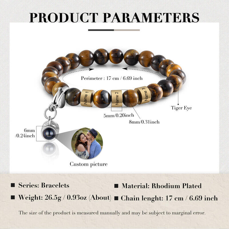 Bracelet with Picture Inside - Photo Projection Tiger Eye Bracelet with Engraved Name Beads