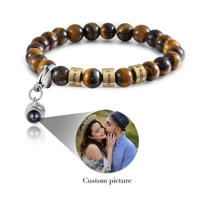 Bracelet with Picture Inside - Photo Projection Tiger Eye Bracelet with Engraved Name Beads