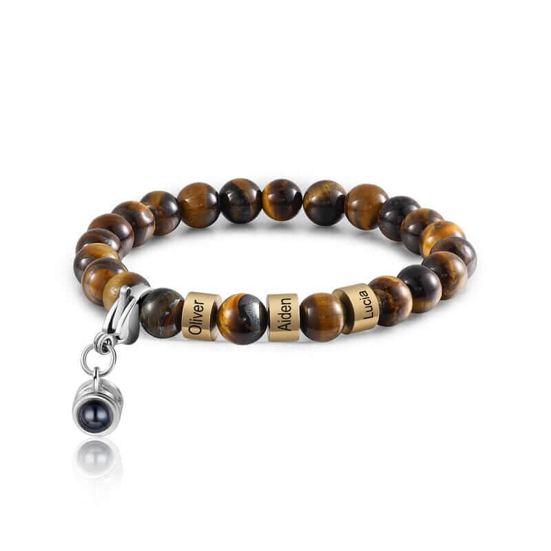 Bracelet with Picture Inside - Photo Projection Tiger Eye Bracelet with Engraved Name Beads