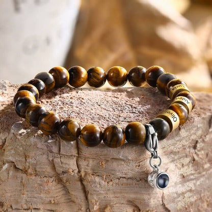 Bracelet with Picture Inside - Photo Projection Tiger Eye Bracelet with Engraved Name Beads