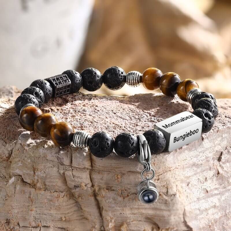 Photo Projection Tiger Eye Bracelet with Picture Inside - Engraved Bar Bracelet