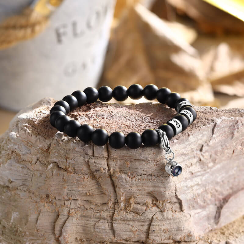 Bracelet with Picture Inside - Photo Projection Volcanic Stone Bracelet with Engraved Name Beads