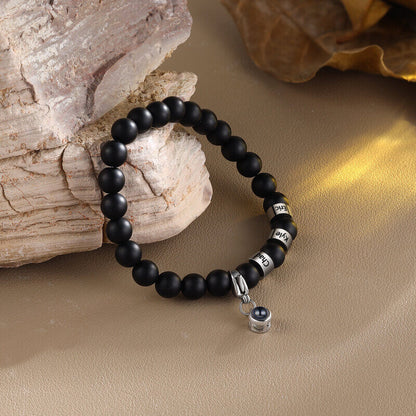 Bracelet with Picture Inside - Photo Projection Volcanic Stone Bracelet with Engraved Name Beads