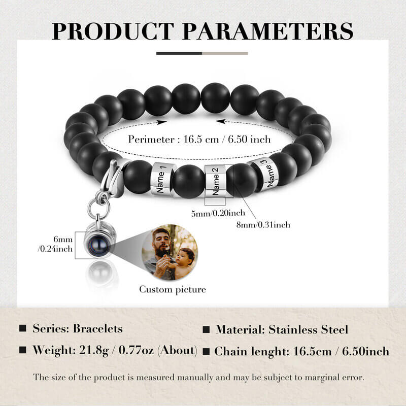 Bracelet with Picture Inside - Photo Projection Volcanic Stone Bracelet with Engraved Name Beads