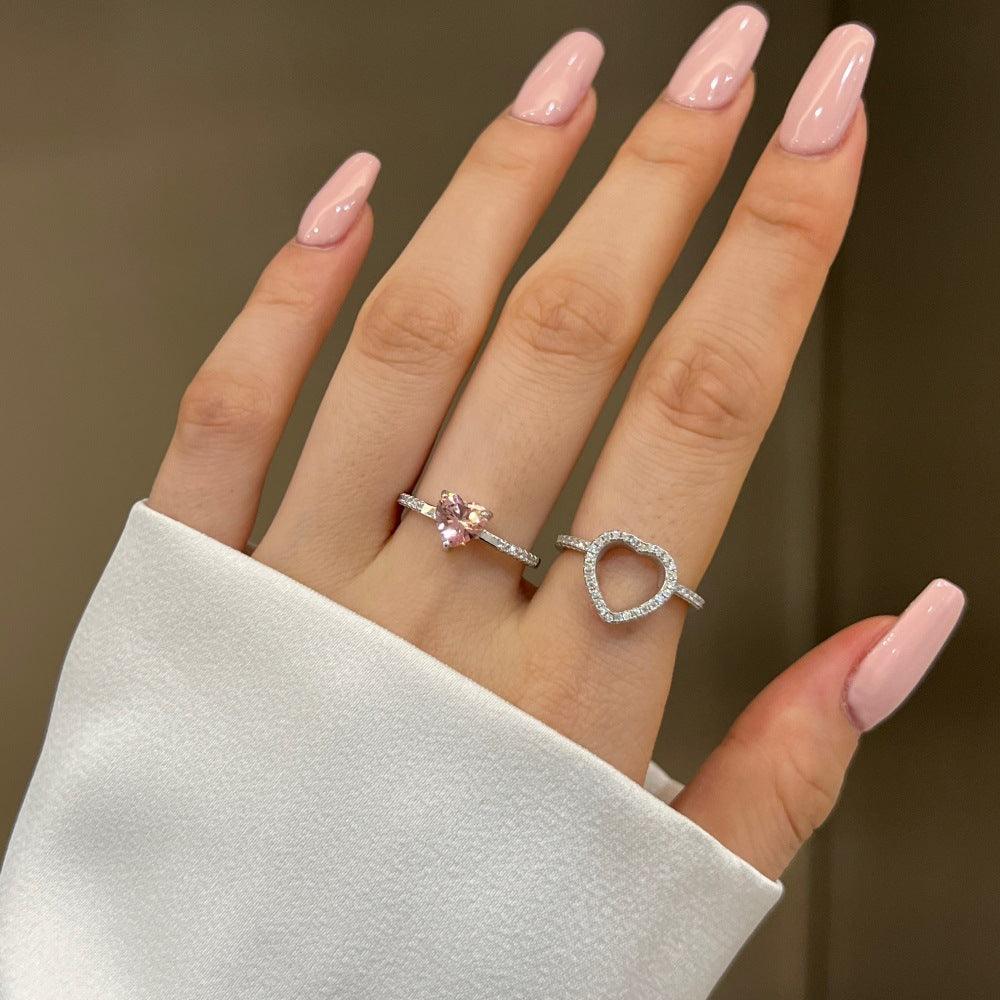 Pink Heart Pair Sterling Silver Promise Ring