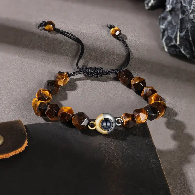 Photo Projection Bracelet with Picture Inside | Tiger Eye Stone Beaded Photo Bracelet