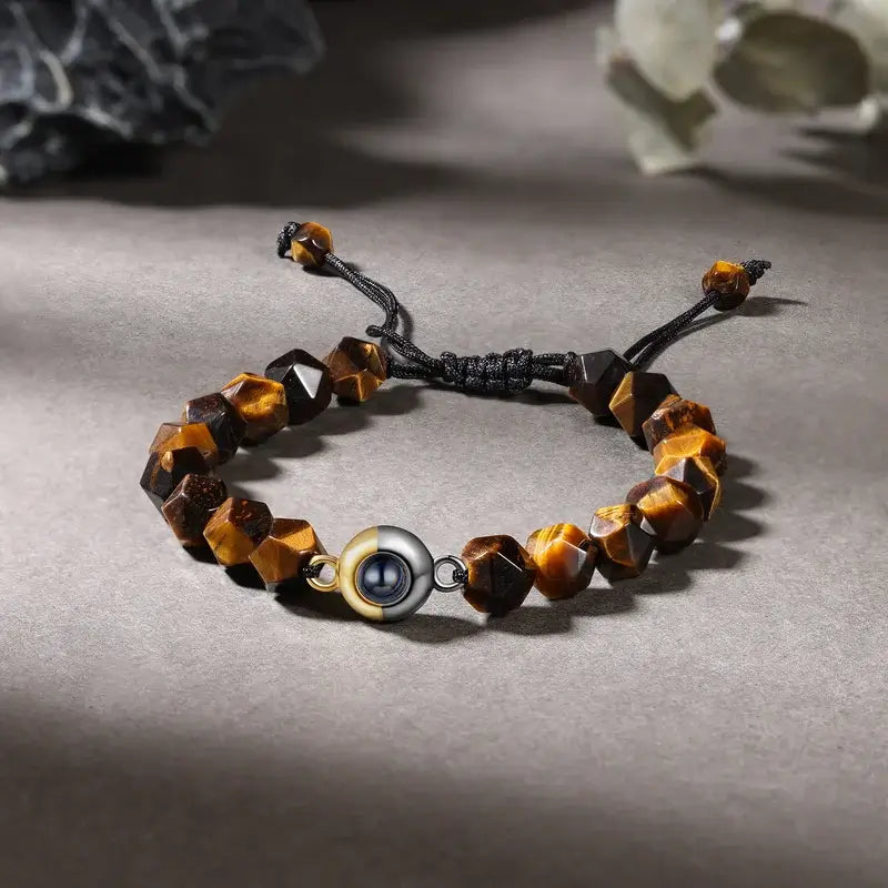 Photo Projection Bracelet with Picture Inside | Tiger Eye Stone Beaded Photo Bracelet