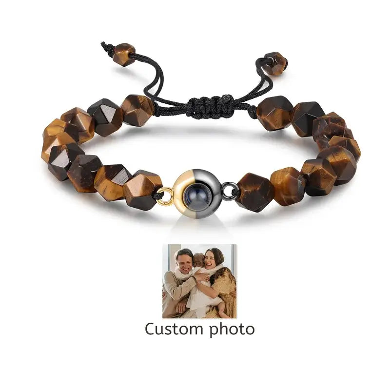 Photo Projection Bracelet with Picture Inside | Tiger Eye Stone Beaded Photo Bracelet