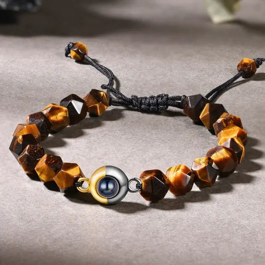 Photo Projection Bracelet with Picture Inside | Tiger Eye Stone Beaded Photo Bracelet