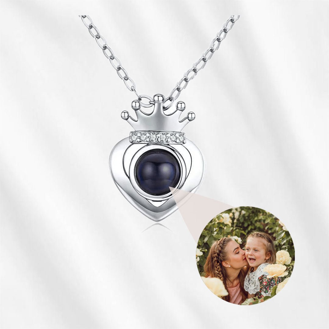 Crown & Heart Shaped Necklace with Picture Inside Stone Projection