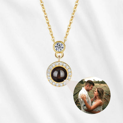 Personalized Circle Projection Photo Necklace with Dainty CZ Diamonds