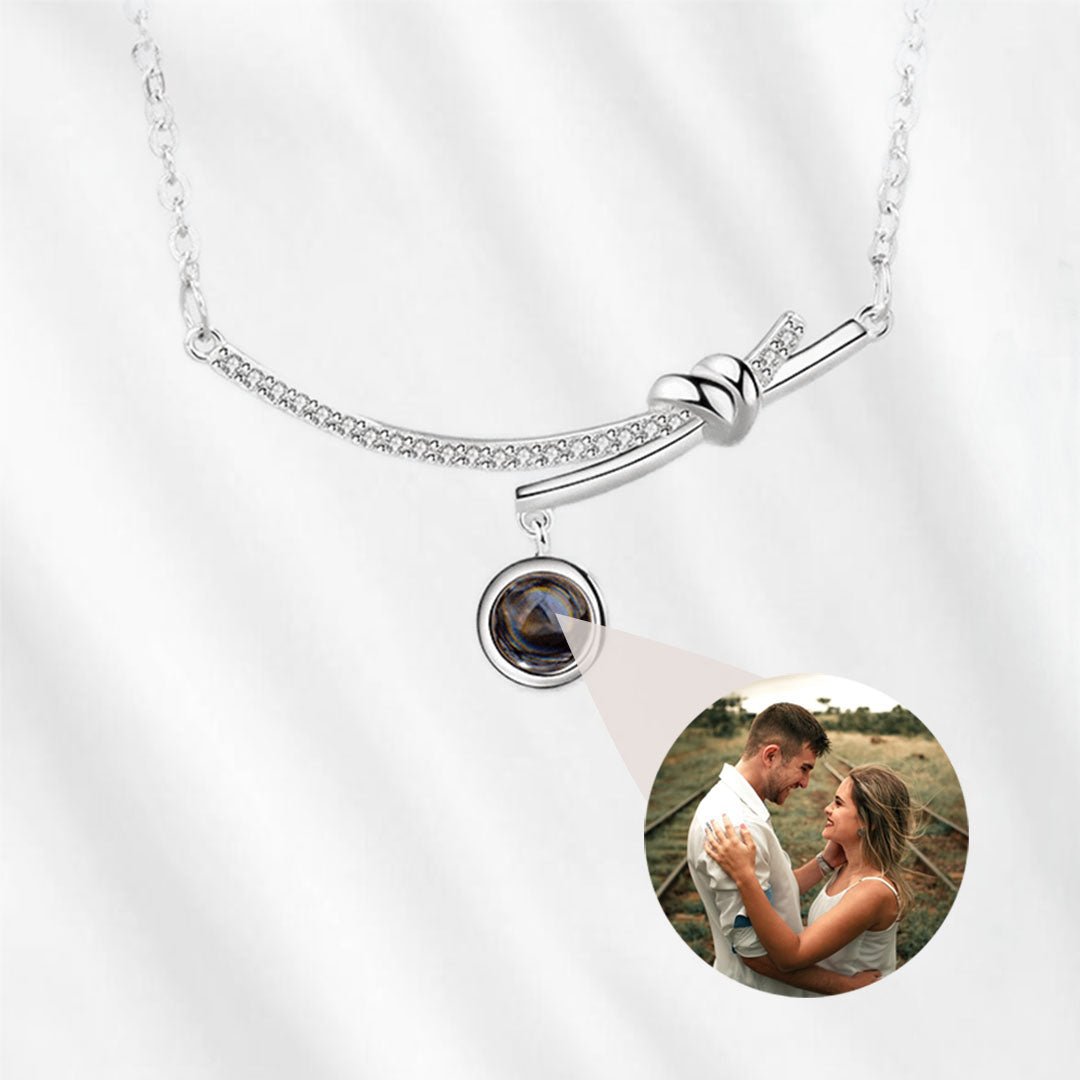 Necklace with Picture Inside Glass Sterling Silver Curved Bow Tie