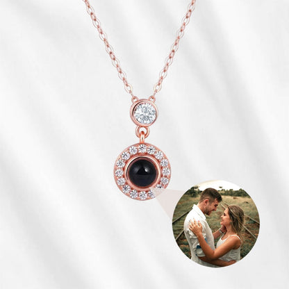 Personalized Circle Projection Photo Necklace with Dainty CZ Diamonds