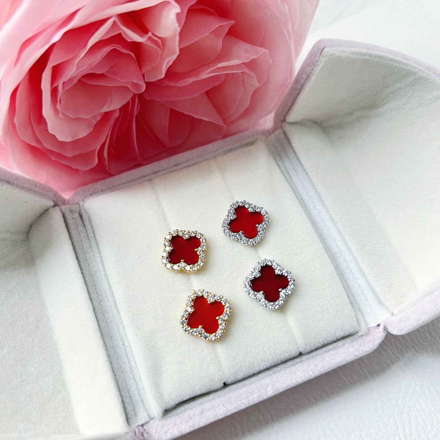 Red Carnelian Diamanté Clover Stud Earrings