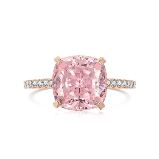 Rose Gold Peachy Pink Stone Cushion Cut Engagement Ring With Double Halo