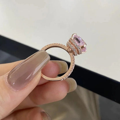 Rose Gold Peachy Pink Stone Cushion Cut Engagement Ring With Double Halo