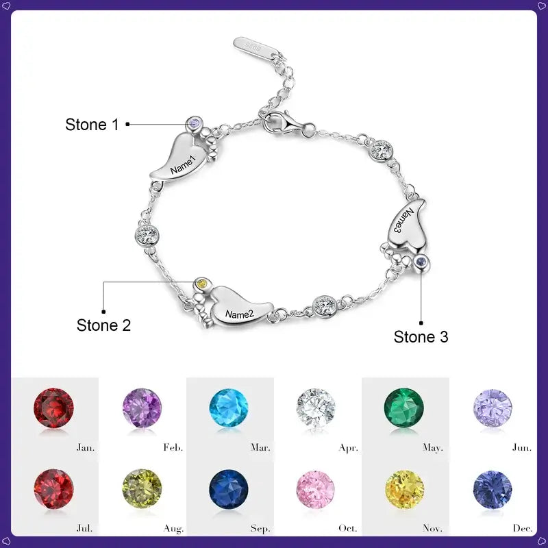 Sterling Silver Baby Feet Custom Birthstone Bracelet with Children's Names