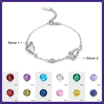 Sterling Silver Baby Feet Custom Birthstone Bracelet with Children's Names