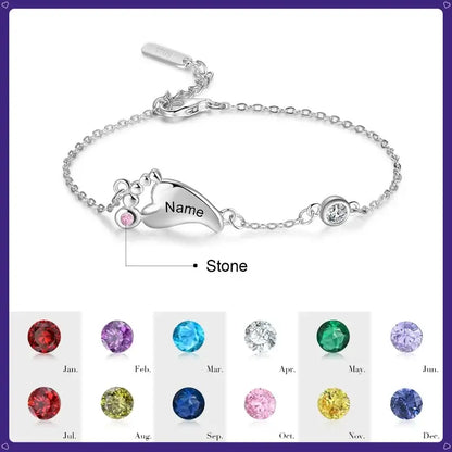 Sterling Silver Baby Feet Custom Birthstone Bracelet with Children's Names