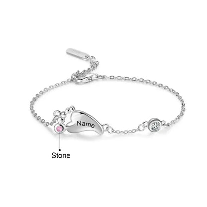 Sterling Silver Baby Feet Custom Birthstone Bracelet with Children's Names