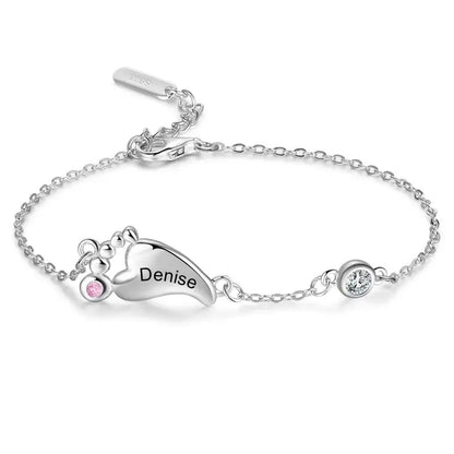 Sterling Silver Baby Feet Custom Birthstone Bracelet with Children's Names